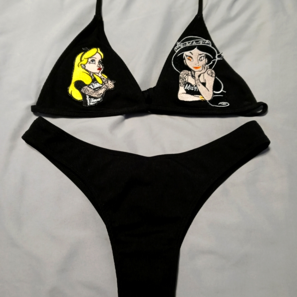 Reworked Black Bikini with Tattooed Disney Princess Patches